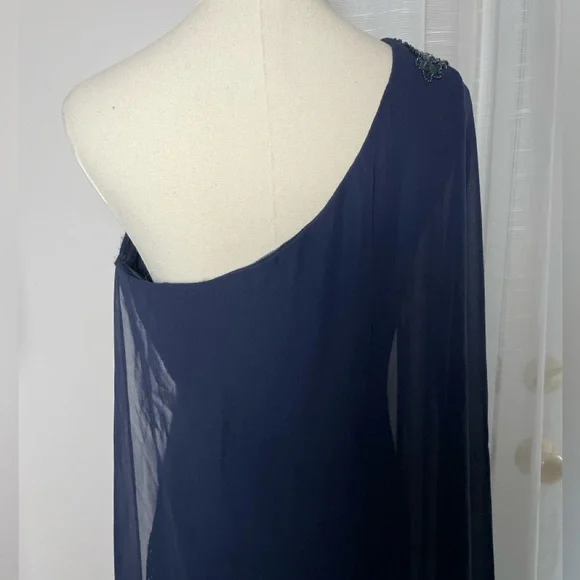 Adrianna Papell Navy Cape-Sleeved Evening Lace Gown One Shoulder Dress Size 6 - Picture 9 of 13